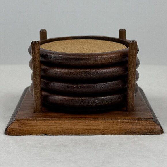 Vintage Wooden Coaster Set Four-Post Holder 4 Wood Coasters with Cork Inserts - Picture 8 of 14